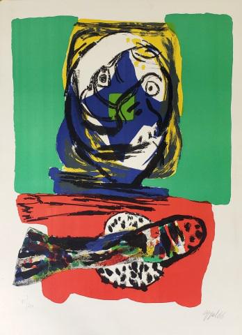 *KAREL APPEL ORIGINAL COLORED LITHOGRAPH: Karel Appel (1921-2006 Dutch), abstracted figure, unframed colored lithograph on Rives-watermarked paper, signed and dated 1966 lower right, numbered from edition of 200 lower left, approximately 29 3