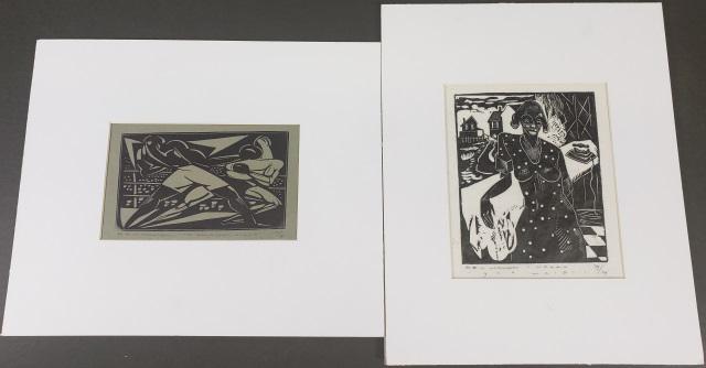 *2 EARL M. WASHINGTON ORIGINAL BLOCK PRINTS: Earl M. Washington (Late 20th/Early 21st C. American), 2 block prints, 1 depicting maid, approximately 11" x 8 3/4", and 1 depicting Galveston Giant, 6" x 9 1/4".