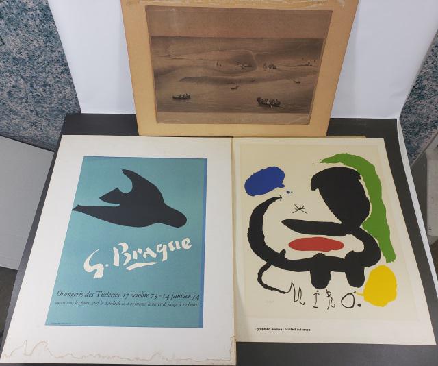 *3 UNFRAMED WORKS: Georges Braque exhibition poster glued to cardboard, 23 7/8" x 17 1/2", Miro colored lithographic by Graphika Europa 28 1/2" x 22 1/2" and a antique lithograph "Chicago 1820" by D. Fabronius 20" x 28"