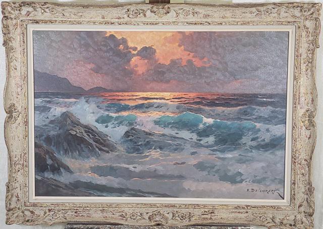 ALEXANDER DZIGURSKI ORIGINAL PAINTING: (1911-1995 Serbian/American)Seascape at dusk, framed oil on canvas, signed lower right, with Marshall Field's sticker on back, approximate canvas size 24" x 36", frame 31" x 43".