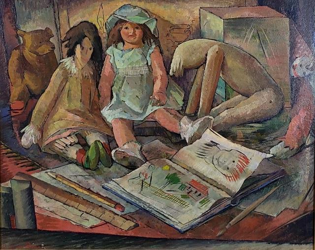 *IVER ROSE ORIGINAL PAINTING: (1889-1972 American), child's room with dolls, framed oil on board, signed lower left, circa 1933, painting size 24" x 30", frame 27" x 33"