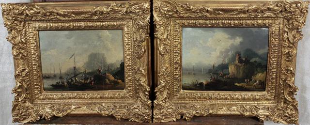 *ATTRIBUTED TO JOHAN FRANZ LAUTERER: Johan Franz Lauterer (1700-1733 German), 2 framed oil paintings on wood panel, each depicting European landscapes, each approximately 7" x 9 1/4", with newer frames 13" x 15 1/4".