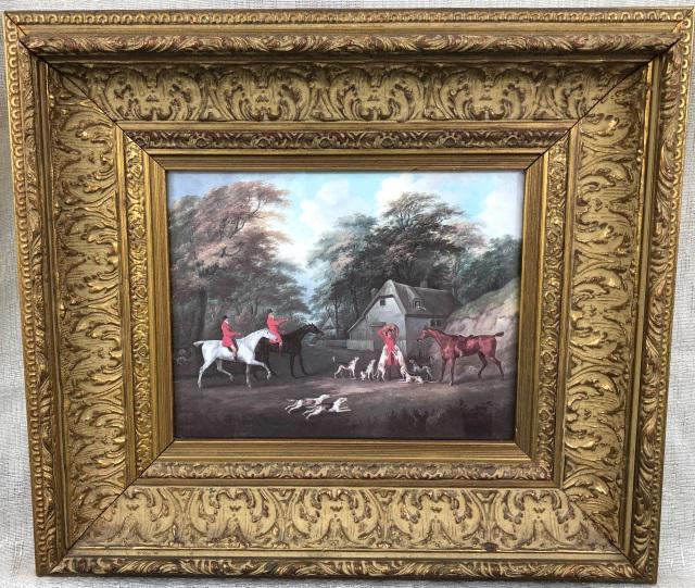 *3 FRAMED REPRODUCTION PRINTS: Depicting antique English hunting-related scenes, 2 approximately 8" x 10", with frames 17 3/4" x 15 1/4", the other 6 3/4" x 8 1/2", with frame 16" x 14".