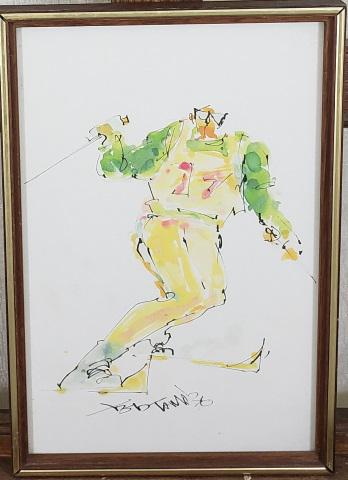 *TED TANABE ORIGINAL WATERCOLOR PAINTING: Ted Tanabe (1946- Japanese), skier, framed watercolor, signed bottom center, approximately 14 3/4" x 9 3/4", with frame 15 1/2" x 10 1/2", piece originally comes from the Merrill Chase Galleries and h