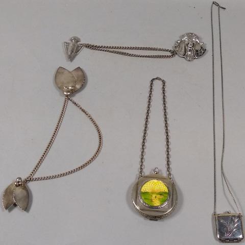 *GROUP OF SILVERPLATE: Enameled compact, chatelaine, pins, locket, etc.