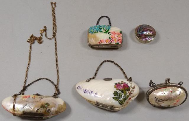 *4 COIN PURSES: Made from shells, and a small pill box.