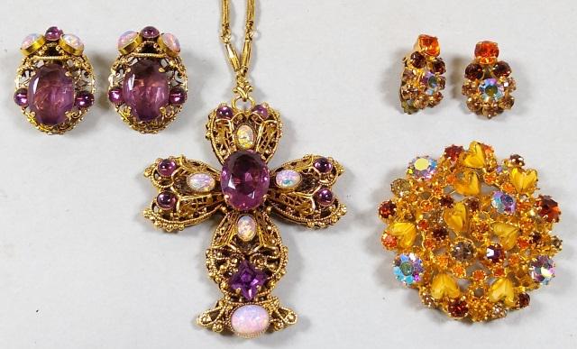 *2 GROUPS: Brooch and earrings, cross and earrings.