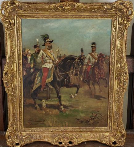 *HANS W. SCHMIDT ORIGINAL PAINTING: (1859-1940 German), Emperor Franz Josef of Austria-Hungary and his son Crown Prince Rudolf, during a military parade, framed oil on canvas, signed lower left and dated 1888, approximate site 17 7/8" x
