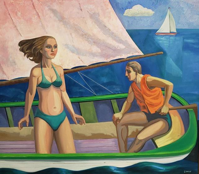*WILL LAMM ORIGINAL OIL PAINTING: Will Lamm (1917-2006 American), "The Pink Sail", framed oil on canvas, signed lower right, approximately 54" x 60", with frame 57" x 63".