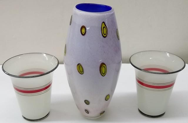 3 PIECES: Pair of opaline glass vases having silver and red stripes, and 1 having white ground with yellow spotted design and blue interior.