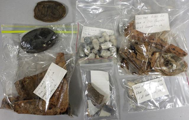 GROUP OF CIVIL WAR RELICS: Union belt buckles, relics dug from Confederate camp site west of Appomattox, Confederate and Union bullets from Battle of Mobile and Mobile Bay.