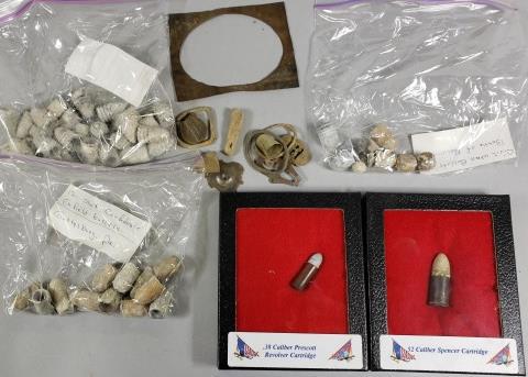 GROUP OF CIVIL WAR RELICS: .52 caliber Spencer cartridge, .38 caliber Prescott revolver cartridge, shot from Confederate Enfield bullets, bullets from Battle of Malvern, Confederate and Union bullets from Battle of Mobile and M