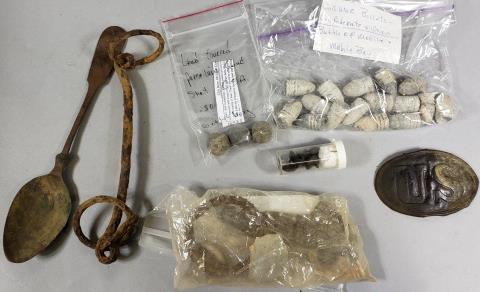 GROUP OF CIVIL WAR RELICS: Union relics recovered from camp in Prince George County, Virginia, Union belt buckle from Georgia, spoon, Confederate and Union bullets from Mobile and Mobile Bay, etc.