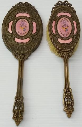 *2-PIECE DRESSER SET: With enameled decoration, hand mirror and hand brush.