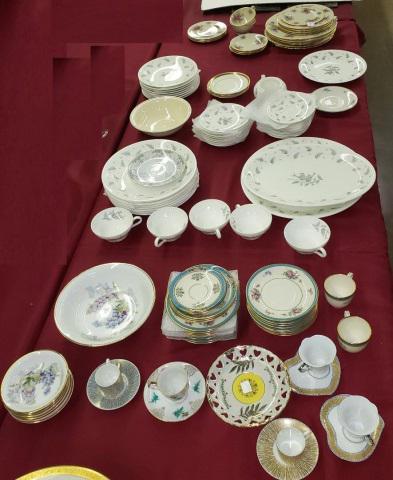GROUP OF PORCELAIN: Partial set of Wedgwood with fern design, 8 salad plates, 9 dinner plates, 8 fruit bowls, 5 cups, 10 saucers, sugar bowl, 2 round platters, and 1 oval platter; partial set of Lenox with 6 dinner plate