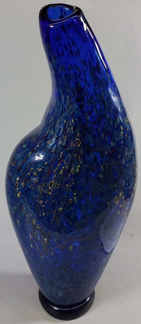 *ANGELO FICO ART GLASS VASE: With blue finish, signed on underside, approximate height 22 1/2.