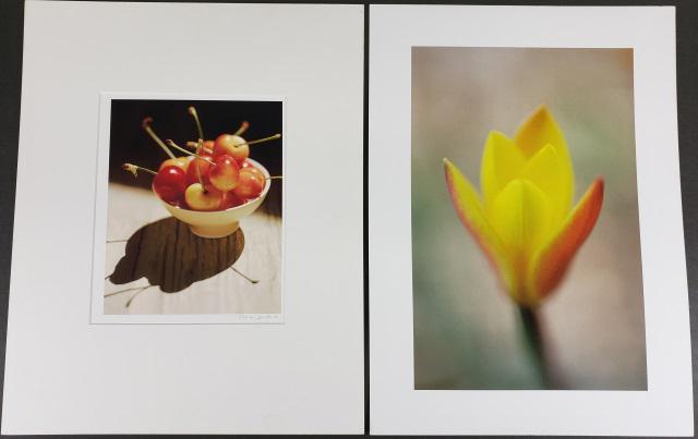 DAVE JORDANO ORIGINAL PIGMENT PRINT: Dave Jordano (1948- American), 2 pieces, colored pigment print depicting bowl of cherries, signed and dated 2002 lower right, approximately 14" x 11", along with piece by unknown artist, "Tulip", sign