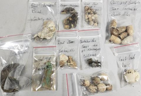 GROUP OF CIVIL WAR RELICS: Cast lead balls, bullets, lead shot, and shell fragment from Kinston, North Carolina, etc.