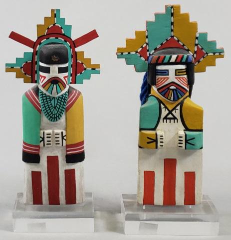 *2 MID-CENTURY CRADLE DOLLS: Handpainted, mounted to acrylic stands, approximate height of tallest with stand 9 3/4".