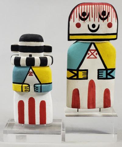 *2 MID-CENTURY CRADLE DOLLS: Handpainted, mounted to acrylic stands, approximate height of tallest with stand 9 14".