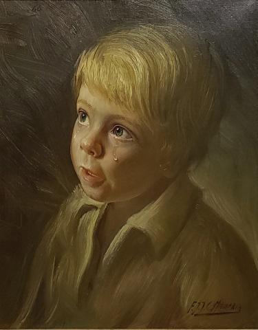 FRANCISCO MASSERIA ORIGINAL OIL PAINTING: Francisco Masseria (1926-2002 Argentinian), crying child, framed oil on canvas, signed lower right, signed and dated 1966 on verso, approximately 20" x 16", with frame 27 1/2" x 23 1/2".