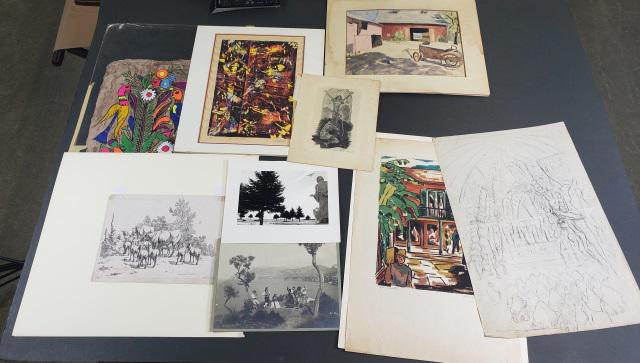 *GROUP OF UNFRAMED WORKS: Antique etching of cattle by A. Hills, street scene by unknown artist, watercolor of wagon, monoprint by Silberman, print of the Wright Brothers, Central American tourist piece, and a drawing, largest