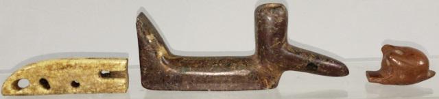 *3 PIECES: Pre-Columbian figural whistle, approximate length 2 1/8', tip for whale harpoon made from bone, length 3 5/8", and carved stone (possibly start of pipe), length 6 1/4".