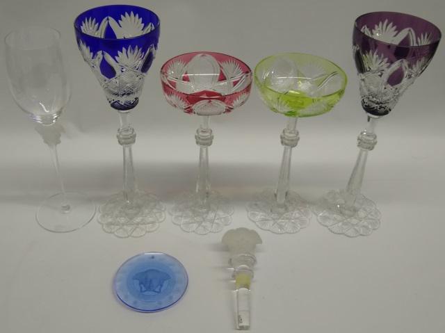*7 PIECES: Cobalt, cranberry glass, vaseline glass, and amethyst glass stemware, Rosenthal wine by Versace, Versace disc, and Versace bottle stopper.