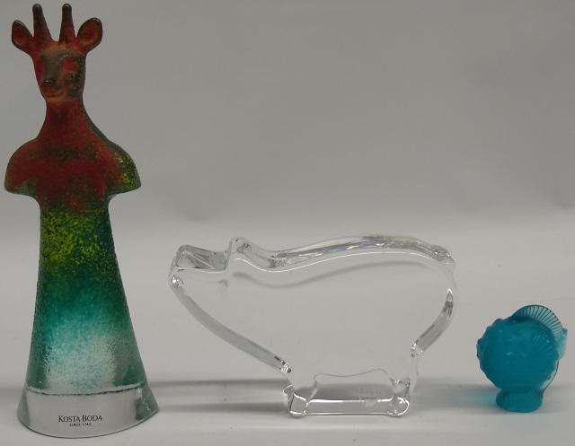 3 PIECES OF GLASS: Orrefors bear, approximate height 3", Lalique fish, height 2", and Kosta Boda mythical figure, height 7".