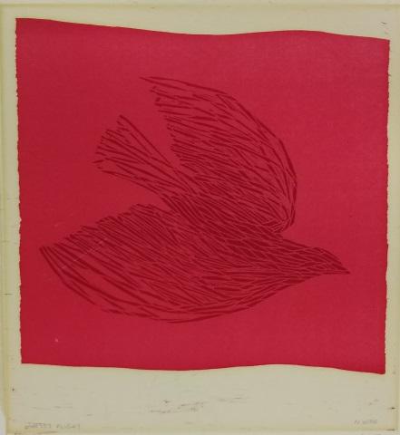 *MARGO HOFF UNFRAMED LITHOGRAPH: Margo Hoff (1912-2008 American) "Sunset Flight", unframed colored lithograph mounted/glued to cardboard, signed lower right, titled lower left, unnumbered, approximate board size 21" x 19".