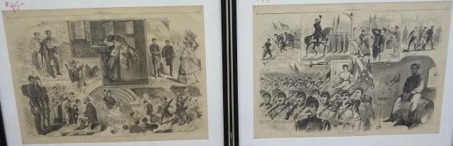 *2 ANTIQUE HARPER'S WEEKLY PAGES: Designed by Winslow Homer, depicting Civil War scenes, in contemporary frames, approximate size of each 16" x 22".
