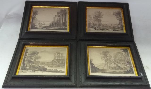 *RICHARD EARLOM: 4 framed engravings after original works by Claude Lorrain, landscapes with figures, artist name in plate, label for Art Lore on verso stating they are "old engravings", Art Lore known for furnishing 