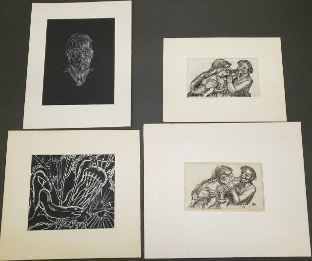 *4 ARNO HEMPEL ORIGINAL WORKS: Arno Hempel (1889-1983 American), all unframed, "My First Lithography Ink Drawing" and "My First Stone Litho Stone Hand Print I", both signed, and 2 works depicting portrait and ocean life, largest ma