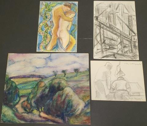 *4 ARNO HEMPEL ORIGINAL WORKS: Arno Hempel (1889-1983 American), all unframed, landscape, Adam & Eve, lithographer, and the L train, largest piece approximately 9 1/2" x 11 1/2".