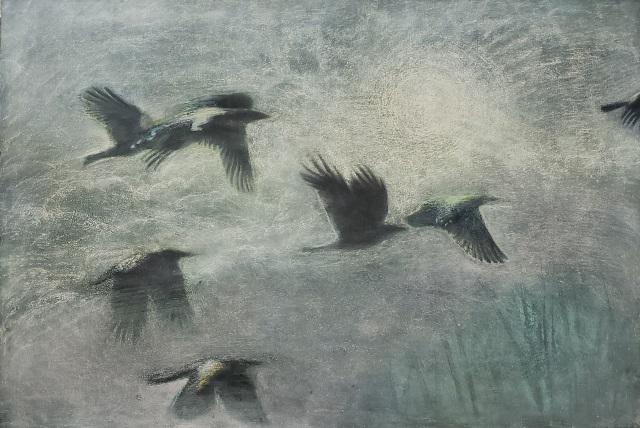 *ARTHUR OKAMURA ORIGINAL MIXED MEDIA WORK: Arthur Okamura (1932-2009 American), birds, framed mixed media on paper, signed lower right, dated indistinctly (possibly '65), approximately 35 3/4" x 52 1/2", with frame 45 1/2" x 61 1/2".