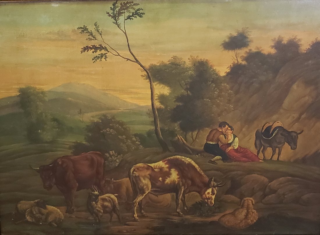 *UNKNOWN ARTIST PAINTING: Unknown Artist (19th C. Continental School), landscape with grazing animals and young couple, framed oil on board, approximately 15 1/8" x 20 1/4", with frame 23 1/8" x 28 1/8".