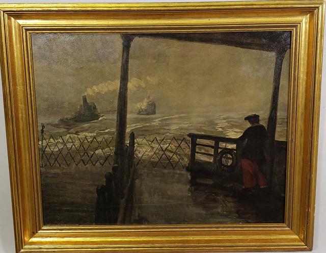 *JOHN SLOAN PRINT: John Sloan (1871-1951 American), gloomy day on dock, framed print on board, housed in gilt frame, with frame approximately 22" x 27".