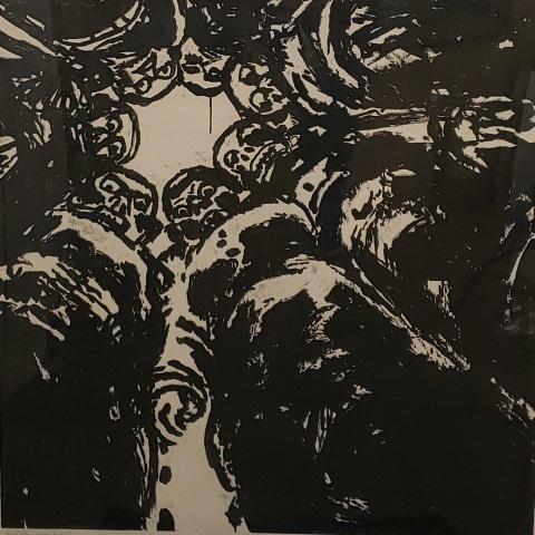 *ASAPH BEN MENAHEM ORIGINAL BLOCK PRINT: Asaph Ben Menahem (1940- Israeli), figures, framed block print, signed bottom center, noted as artist proof and dated 1984 lower left, approximately 48" x 48", with frame 61" x 61".