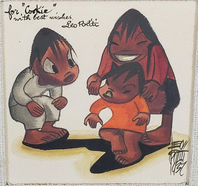 *LEO POLITI ORIGINAL WATERCOLOR PAINTING: Leo Politi (1906-1996 American), children, framed watercolor, signed and dated 1937 lower right, inscribed "For Cookie, with best wishes, Leo Politi", approximately 7" x 7", with frame 16" x 15 1/2".