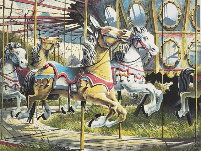 ROBERT ADDISON ORIGINAL SERIGRAPH: Robert Addison (1924-1988 American), carousel, unframed serigraph, signed in pencil lower right, numbered lower left 55/160, approximately 18 3/4" x 24 3/8", paper size 23 1/2" x 29 1/2".