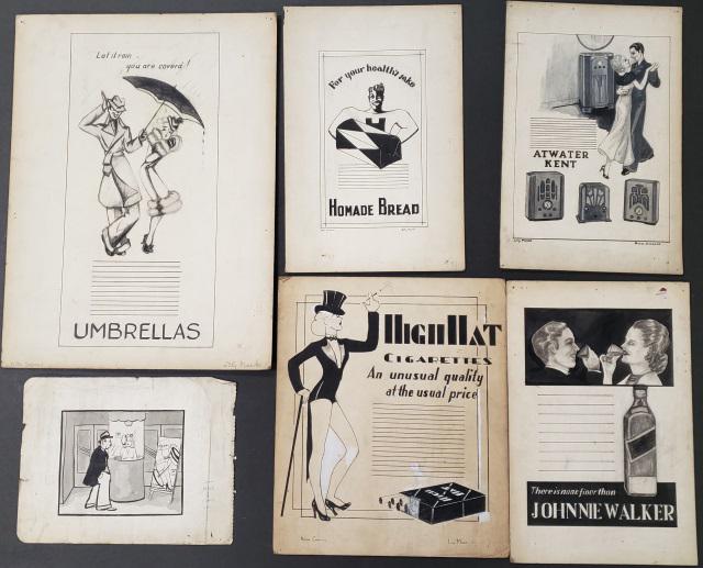 *6 LILY MARK (TOLPO) ORIGINAL ILLUSTRATIONS: 6 illustrations, 5 on board and 1 paper, including "Homemade Bread", "Atwater Kent", "Johnnie Walker", "Umbrellas", "High Hat Cigarettes", 4 signed "Lily Mar/Nite Comm.", largest board approximately 2