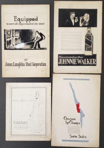 *4 LILY MARK (TOLPO) ORIGINAL ILLUSTRATIONS: 3 on board and 1 on paper, including "Chosen by Champs", "Swimsuits", "Johnnie Walker", "Jones Laughlin Steel Co." and "Chanel", all signed "Lily Mark/Nite Comm.", largest approximately 15" x 10".