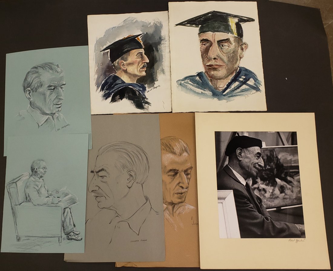 *7 UNFRAMED WORKS: Photo of man with hat by Robert Oppenheim, signed and dated '67, and 6 unframed portraits on paper consisting of 2 watercolors and 4 drawings, including Ed Jacques, Edward Slade, H. Johnson, etc., mat