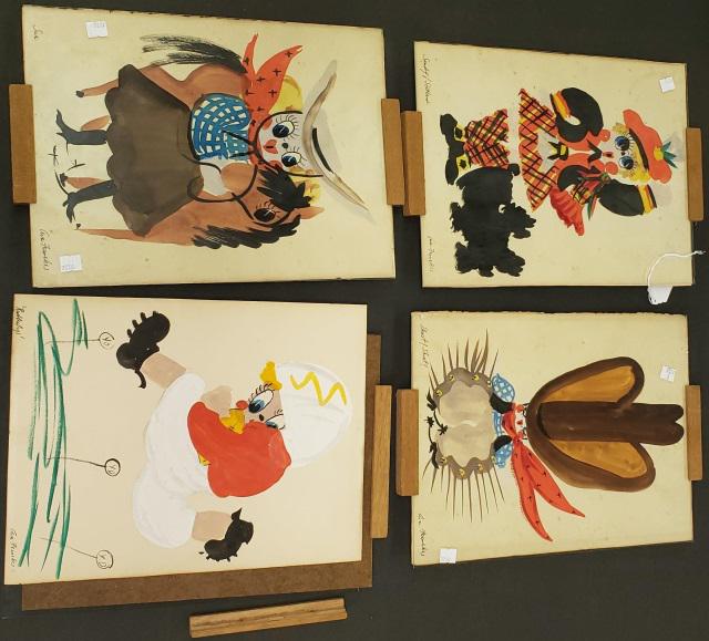 *4 EVA FERNEKES ORIGINAL WATERCOLOR PAINTINGS: "Rubber Legs", "Sandy of Scotland", "Sue", and "Shoot! Shoot!", all signed, approximately 15 1/2" x 12".