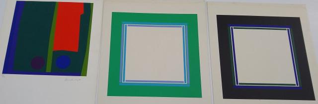 *3 ABSTRACT SERIGRAPHS: 1 on paper signed "Mercedes (Pardo)", dated '72, numbered 67/140, approximate paper size 29 3/4" x 22 1/8", and 2 on board, signed indistinctly lower right, green numbered 5/100, black numbered 73/100
