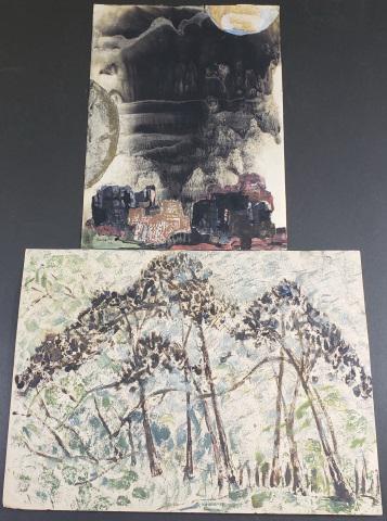 *2 UNFRAMED WORKS: Mixed media collage watercolor by Yitzhack Greenfield titled "Jerusalem", approximately 18 3/8" x 13", and oil depicting forest landscape by unknown artist, 15 3/4" x 21 1/2".
