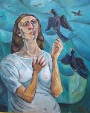 *WILL LAMM ORIGINAL OIL PAINTING: Will Lamm (1917-2006 American), Girl with crows, framed oil on canvas, signed lower right, approx. image size 30" x 24", frame size 34 1/2" x 28 1/2".