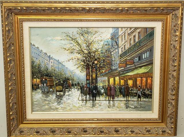 AFTER ANTOINE BLANCHARD: "Theatre Des Varietes", framed oil on canvas, signed lower right, Blanchard stamp verso, also has number SA68833, canvas is 12 15/16" x 17 15/16", frame 20 1/2" x 25 1/2".