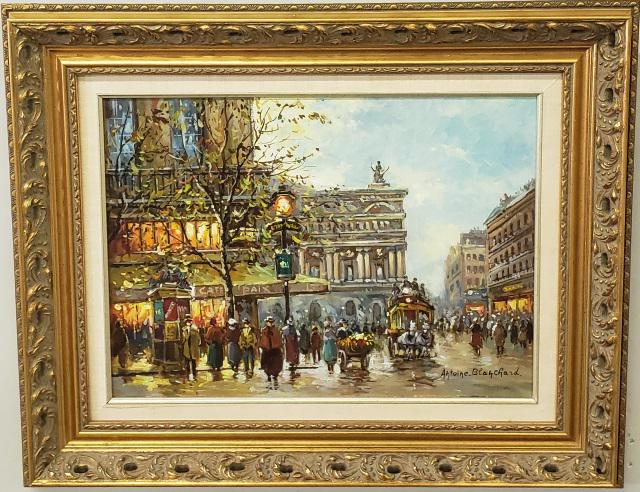 AFTER ANTOINE BLANCHARD: "Cafe De La Paix", framed oil on canvas, signed lower right, has Blanchard stamp on back, canvas 12 15/16" x 17 15/16", frame 21 3/8" x 25 3/8".