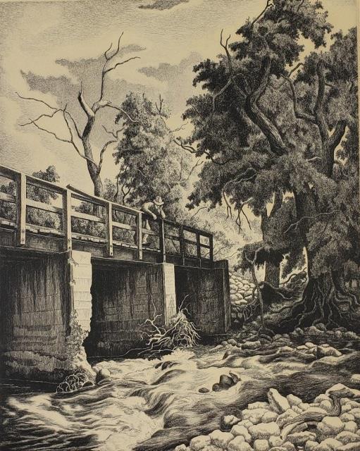*JACKSON LEE NESBITT ORIGINAL ETCHING: "Ozark Bridge", unframed etching, signed and titled in pencil lower margin, image size 11 7/8" x 9 3/8", paper size 16 1/8" x 12".